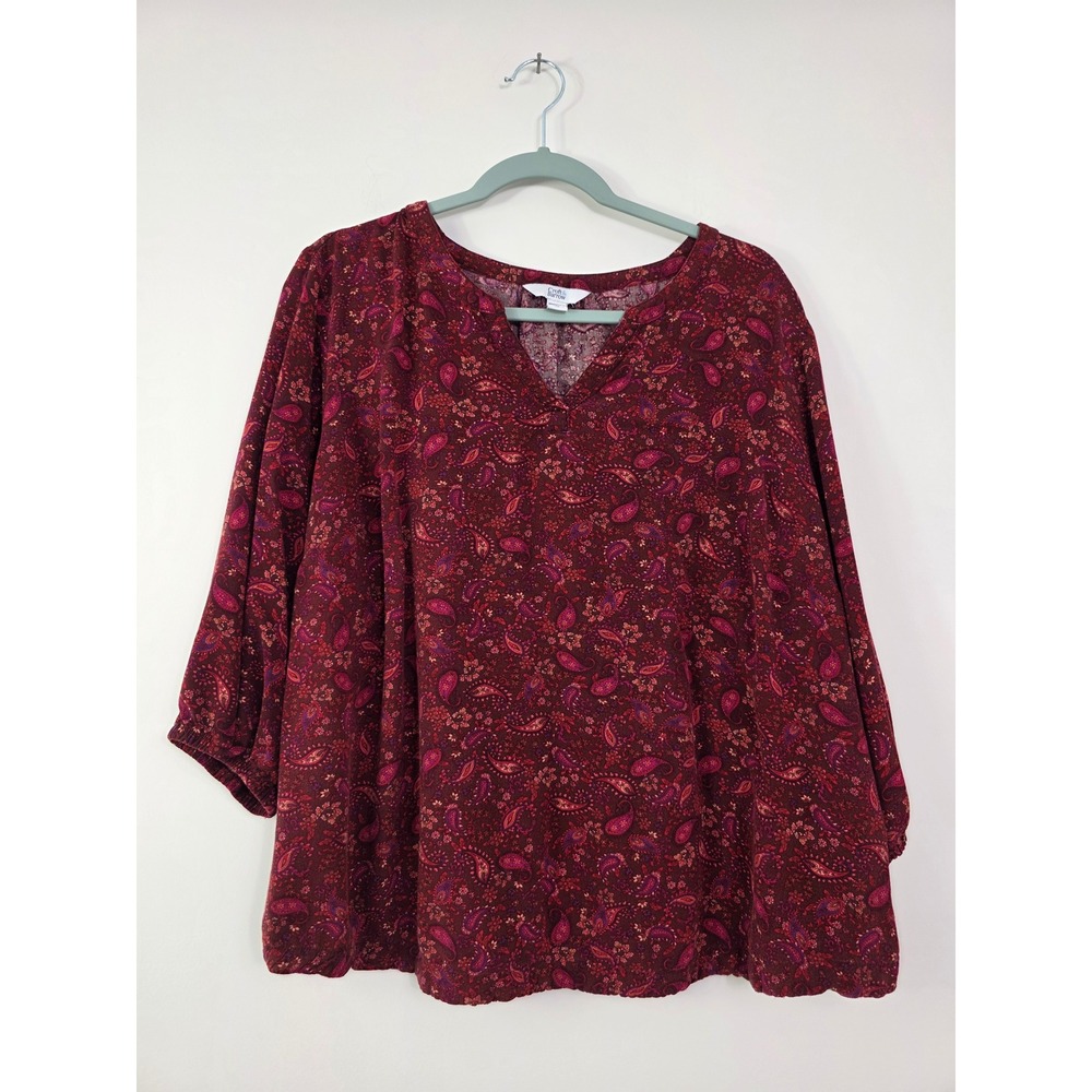 Croft & Barrow Women's Blouse Size 2X Burgundy V-Neck Paisley Print 3/4 Sleeve